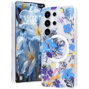 AIGOMARA Magnetic for Samsung Galaxy S25 Ultra Case [Compatible with MagSafe] Clear Floral Flower Pattern Design, Slim Anti-Yellowing Shockproof Phone Cover for Women Girls, Blue