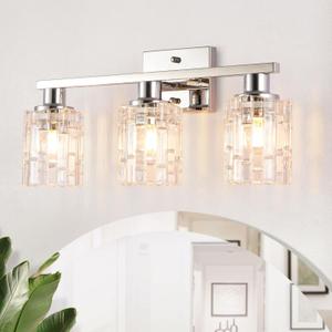 3 Light Silver Chrome Bathroom Vanity Light Over Mirror, Modern Vanity Lighting with Crystal Glass Shade, Wall Mount Bathroom Light Fixtures, E26 Base
