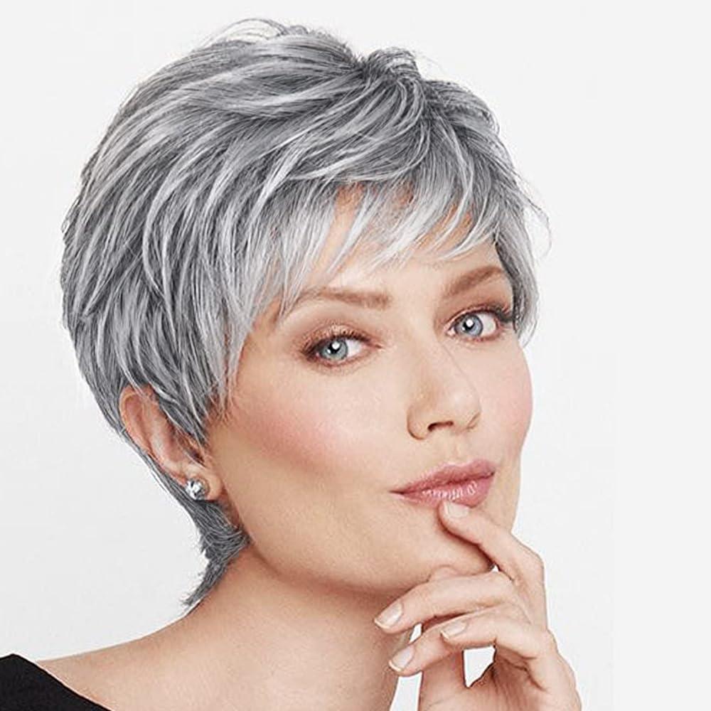 BECUS Gray Wigs for Women Grey Wig for Black Women Sliver Grey Wigs for White Women Pixie Cut Layered for Women Synthetic with Free Wig Cap