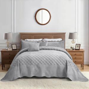 Oversized King Bedspread 128x120 Extra Wide, Lightweight All Season Velvet Quilt King/Cal King Size, Reversible Coverlet Comforter Set, Diamond Quilted 5 Piece, Grey