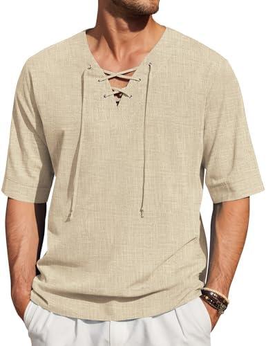 COOFANDY Men Linen Cotton Shirt Beach Lace Up V Neck Shirts Hippie Viking Meditation Tunic,XL