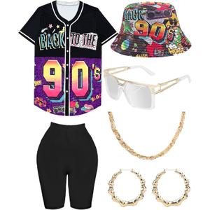 80s 90s Outfit for Women, Unisex Hip Hop Costume Baseball Jersey Shirt Yoga Pants Bucket Hat Gold Chain Rapper Accessories (Small)