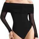 MANGOPOP Women's Off The Shoulder Long Sleeve Bodysuit Sexy Sheer Mesh Top Double Lined Body Suits Fall Outfit 2025, Small, Black