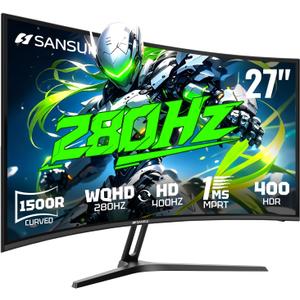 SANSUI 27 Inch 280Hz Curved Gaming Monitor,WQHD 280Hz / HD 400Hz Dual Mode,1500R Curved Computer Monitor, HDR400 135% sRGB 5000:1 Contrast Ratio, PIP/PBP,OD 1ms AI Crosshair,HDMI2.1 * 2, DP1.4,VESA (Black)