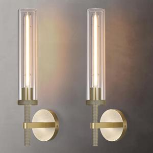 Modern Brass Hardwired Wall Sconces 2 Pack, 20'' Knurled Bathroom Wall Sconce, Indoor Wall Sconce,Copper and Tube Glass Vanity Light, for Living, Bedroom, Hallway, Staircases, Include Bulbs