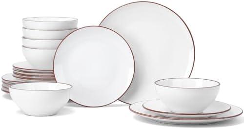 Famiware Venus Plates and Bowls Sets, 18 Pieces Stoneware Dinnerware Sets, Speckled Dishes Set for 6, Microwave and Dishwasher Safe, White