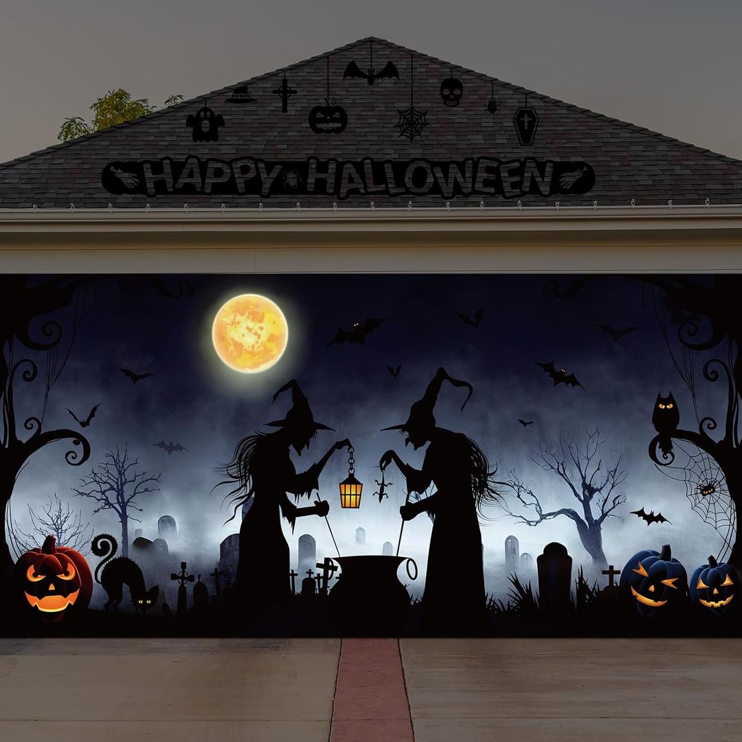 Preboun Halloween Garage Door Decorations Witch Door Cover Hanging Halloween Garage Banner Cauldron Backdrop Mural for Home Outdoor Indoor Spooky Party Wall Window Yard, 7 x 16 ft