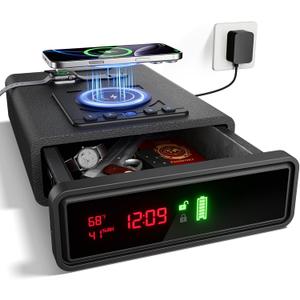 Biometric Smart Gun Safe with Wireless Charging for Phone&Watch, 3 Quick Access Stopbox with Fingerprint Backlit Keypad - Compact Bedside Drawer Safe with LED Light, 24/7 Digital Clock handgun safe (DEEP BLACK)