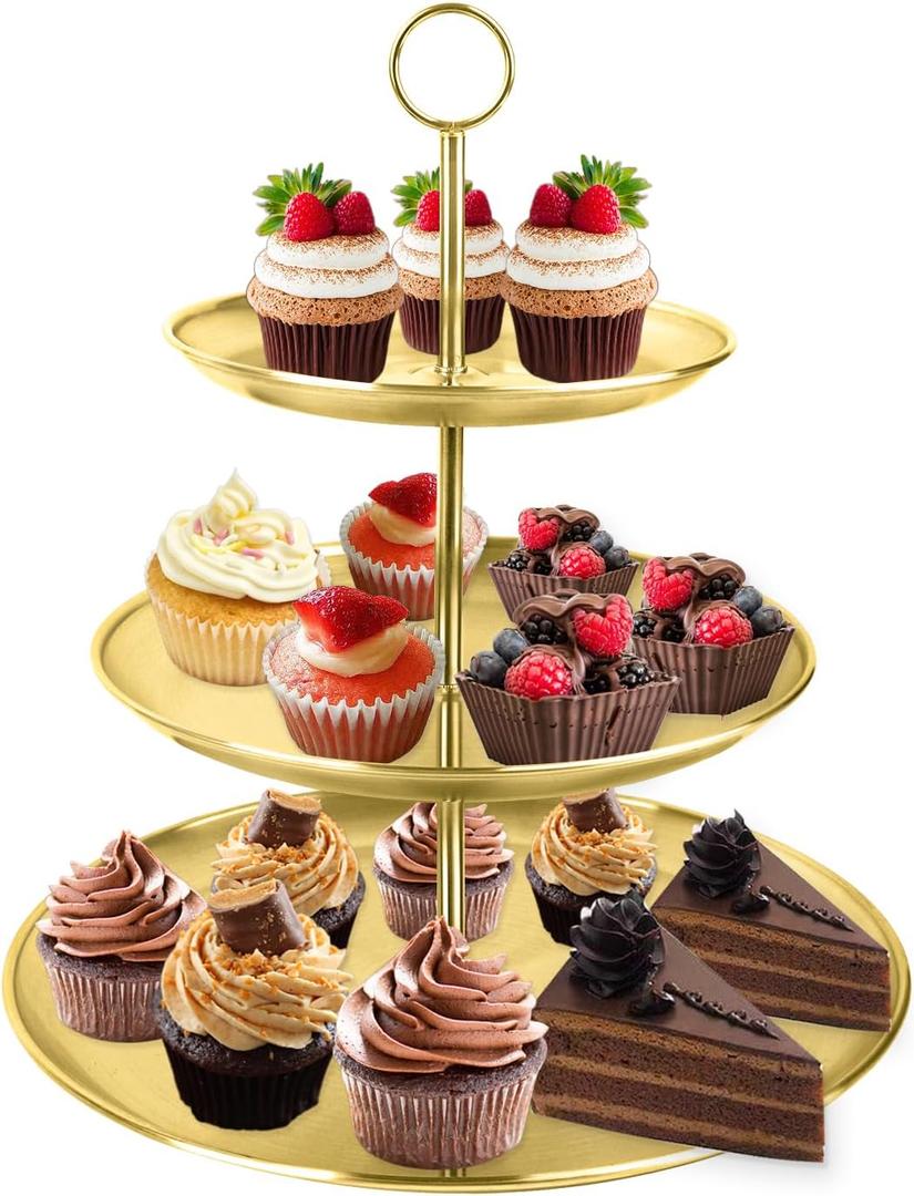 3 Tier Gold Cupcake Stand Stainless Steel Dessert Display Rack with Removable Tiered Tray for Parties,Weddings,Birthdays,Decorations,Any Festivals and Festivities(Stainless Steel Pole)