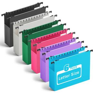 Ansook Extra Capacity Plastic Hanging File Folders Letter Size,Heavy Duty 2" Expanding Accordian Pocket with Black Insert Gasket, Filing Cabinet Folders,6 Pack Colored File Hanging Folders Organizer