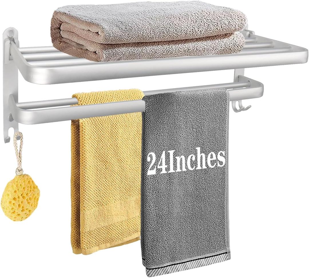 Towel Rack for Bathroom, Bath Towel Holder with Double Towel Bar and Fold-able Towel Shelf, Rustproof Towel Organizer Wall Mounted Towel Storage Hanger for Bath/Balcony/Lavatory(24In Sliver)