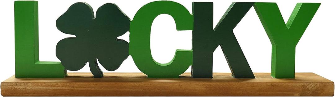 NIKKY HOME St.Patrick's Day Sign Rustic St Patrick's Day Decor Lucky Table Decor with Wooden Base Freestanding Wooden Shamrocks Signs for Home Party Tabletop Centerpiece Mantel Shelf Fireplace