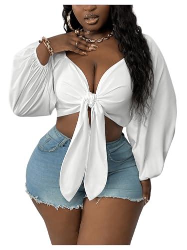 WDIRARA Women's Plus Size Sexy Deep V Neck Tie Front Long Sleeve Crop Tops Blouse White Large Plus