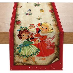 Vintage Santa Claus Table Runner - Red Vintage Style Merry Christmas Winter Xmas Home Kitchen Dining Table Decor, Party Decorations 13 x 108 Inch