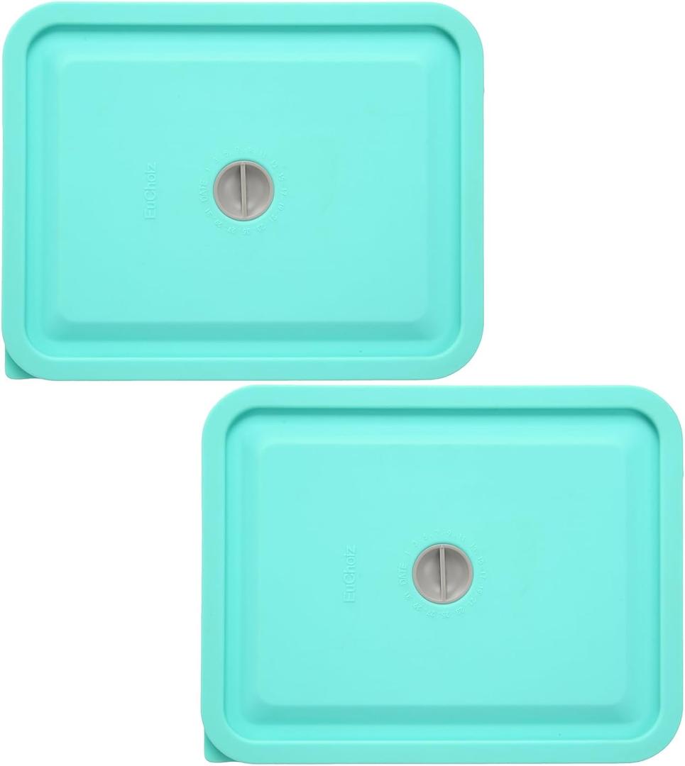 Replacement Lids for Pyrex 7211-PC 6 Cup Rectangle, Silicone Storage Cover Lid for Glass Bowl, Pack of 2 with Date Mark Turquoise