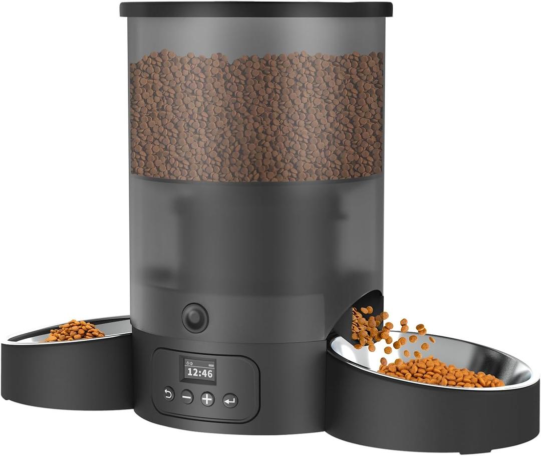 Automatic Cat Feeder for 2 Cats, 3L Food Dispenser SURDY Auto Cat Feeder with 2 Stainless Bowls (Black, 3L)