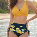 Women's High Waisted Bikini Sets V Neck Twist Front Ruched Bathing Suit Padded Lace Up Back Two Piece Swimsuit (M)