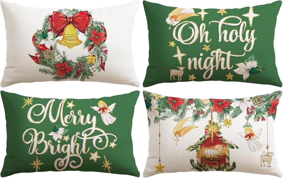 Artscope Christmas Oh Holy Night Merry Bright Jesus Wreath Throw Pillow Covers 12x20 Inch Set of 4, Winter Hoilday Christmas Decoration Pillow Cases for Home Sofa Couch Decor-Green