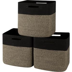 OIAHOMY 13 Kallax Inch Cube Storage Bins, 3-Pack Cotton Rope Woven Baskets for Organizing, Kallax Insert Storage Baskets for Shelves, Baby Nursery, Closet Organizer, 13*13*12.6IN, Black & Mixed Brown