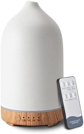 Youenkity Essential Oil Diffuser, Ceramic Aromatherapy Diffuser with 7 Color LED Lights, with Remote Control, Cool Mist Humidifier, Timed Mist, Auto Shut-Off with No Water, Aquamarine (White)