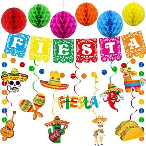 Fiesta Party Decorations Mexican Fiesta Banner Garland Hanging Swirls Honeycomb Balls Set for Cinco De Mayo Taco Mexican Theme Birthday Party Decor