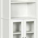kleankin Tall Bathroom Storage Cabinet with 3 Tier Shelf, Glass Door Cabinet, Freestanding Linen Tower with Adjustable Shelves, Antique White