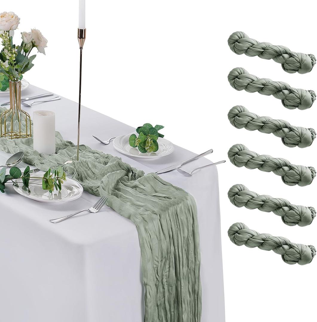 6 Pack Cheesecloth Table Runner 9ft,17 x 108 inch Gauze Table Runner Rustic Romantic Wedding Runner for Wedding Bridal Shower Fall Decoration,Sage Green