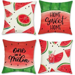 Bonhause Watermelon Throw Pillow Covers 18 x 18 Inch Seasonal Summer Red Green Fruit Juice Home Sweet Home Decorative Polyester Linen Cushion Cases for Sofa Couch Home Decor Set of 4