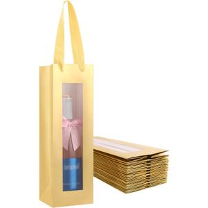PACKQUEEN 12 Wine Gift Bags with Windows 15x4.7x4.4 Inches, Gold Bottle Gift Bags with Handles for Liquor and Champagne, Wine Bag Bulk for Valentine's Day, Birthdays, Weddings, Father's Day and Holidays, Glossy Gold