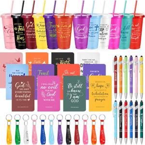 12 Set / 48 Pcs Christian Church Gifts Plastic Cups with Bible Verse Pens Keychains Notebooks for Women Men Volunteer Christian Party Gifts (Colorful)