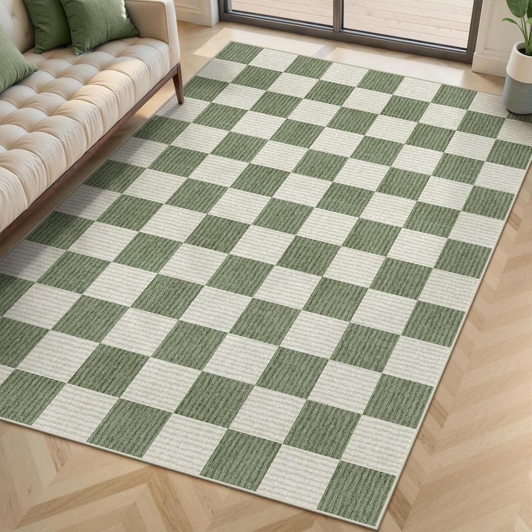LIVEBOX 4x6 Washable Area Rug Checkered, Non-Slip Small Entryway Rug Green Farmhouse Neutral Geometric Kids Boys Rug for Bedroom Living Room Low-Pile Carpet for Classroom Playroom(Sage Green 4'x6')