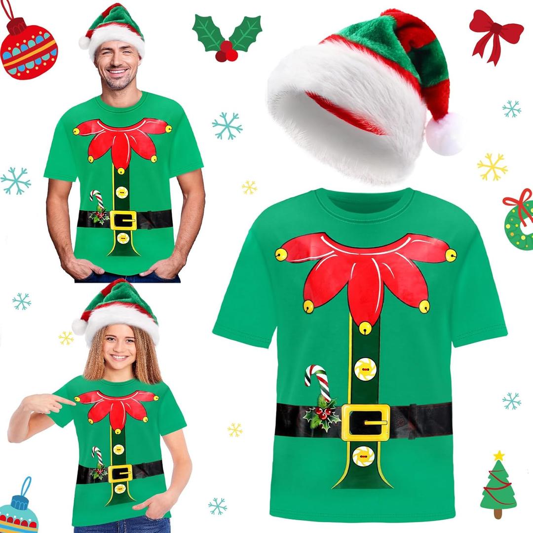 Geyoga 2 Pcs Christmas Elf Shirts for Adult Costume Novelty Funny Christmas Shirt Green Red Elf Hat Unisex for Women Men (Small)