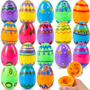 24 Pieces Printed Easter Eggs, Empty Fillable Colorful Plastic Eggs Bulks for Easter Hunt, Basket Stuffers Filler, Classroom Prize Supplies