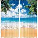 41x84Inch Polyester Hawaiian Seaside Palm Tree Curtain Tropical Ocean Beach Rod Pocket Window Treatment Drape Blue Sky Cloud Seawater Wave Print Bedroom Living Room Home Decor 2 Panels