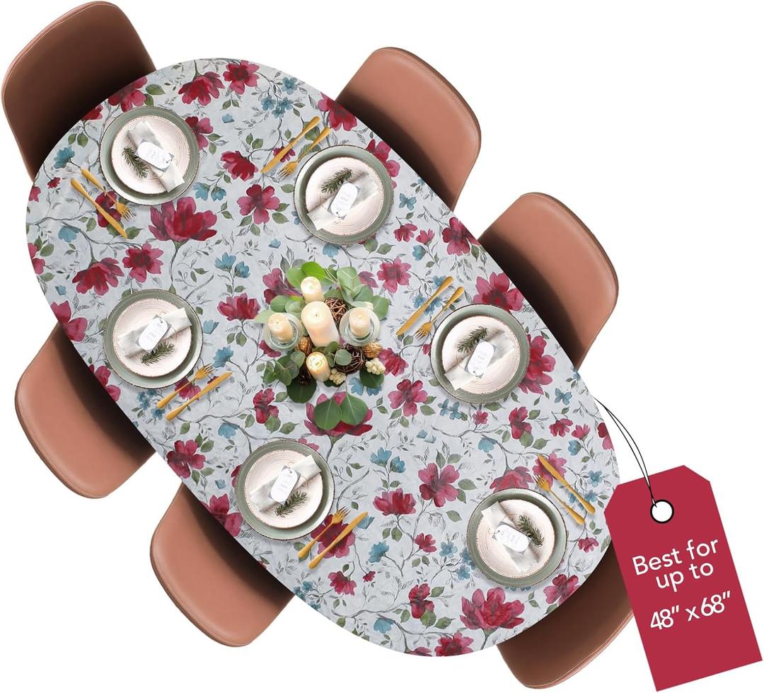 Covers For The Home Deluxe Elastic Edged Flannel Backed Vinyl Fitted Table Cover - Watercolor Floral Pattern - Round Oblong Oval - Fits Tables up to 48" W x 68" L