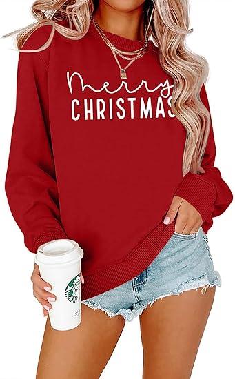 APRFLOWER Merry Christmas Sweatshirts Women Classic Merry Letter Print Sweatshirts Xmas Holiday Party Pullover Blousek, Size: M