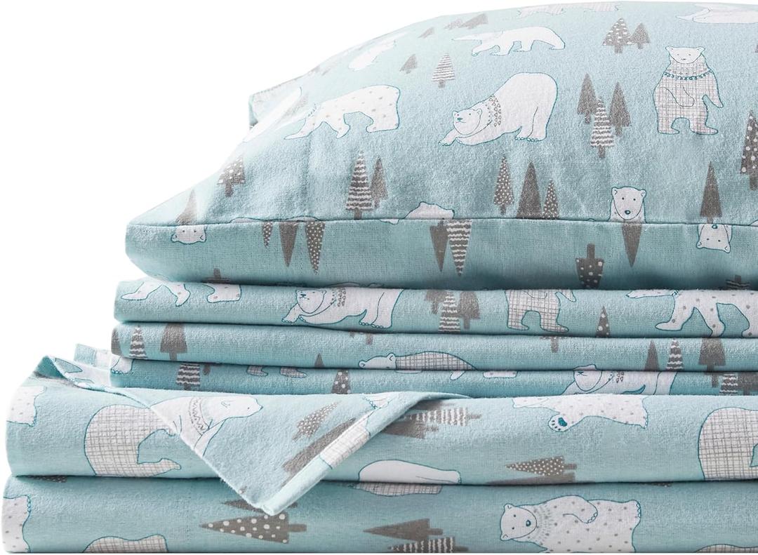Comfort Spaces Cotton Flannel Sheets Queen Size, Ultra Soft Flannel Sheet Set with 14" Elastic Pocket , Novelty Print Warm Flannel Bedding, Blue Polar Bears 4 Piece