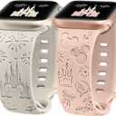 2 Packs Cartoon Engraved Band Compatible with Apple Watch Band, Women, Cute Designer Soft Silicone Strap for iWatch Size: 38/40/41/42mm(Series 11 10)(Starlight & Pink)
