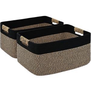 2 Pack Large Storage Basket for Organizing, 17.5"x13"x7" Woven Basket for Shelves, Closet Cube Storage Bins with Wrapped Handle, Cotton Rope Baskets for Kitchen, Clothes, Toys(Black & Brown)