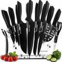 Kitchen Knife Set with Block, 19 PCS High Carbon Stainless Steel Sharp includes Serrated Steak Knives Set, Chef Knives, Bread Knife, Scissor, Sharpener, all in one (Black)