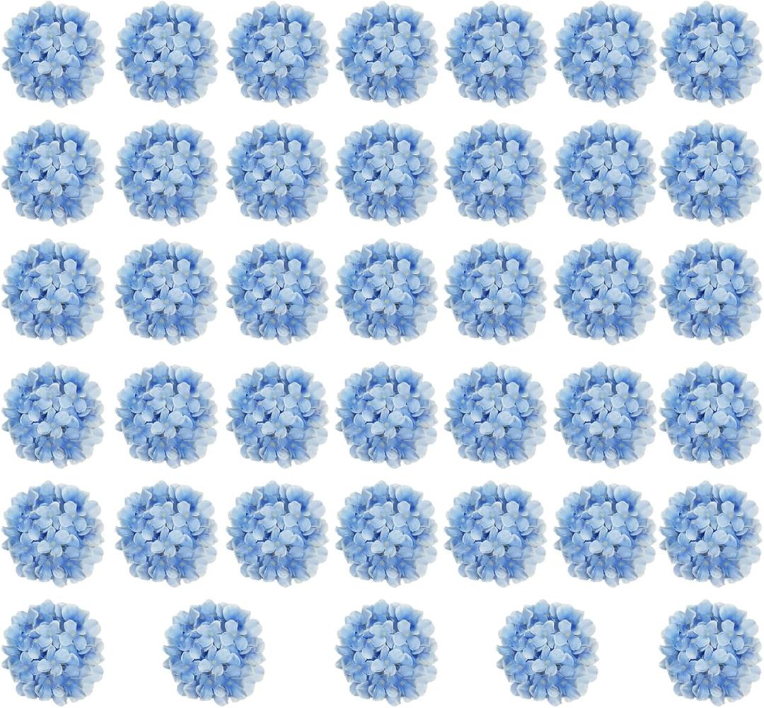 Blue Hydrangea Artificial Flowers Bulk, 40 Pcs Faux Hydrangea Flowers Heads, Artificial Fake Silk Hydrangea Flowers with Stems, Blue Flowers Artificial for Decoration Wedding Dcor