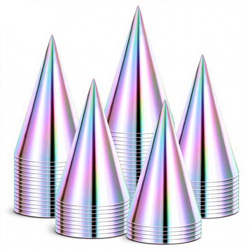 Oqqlin 60 Pcs Cone Birthday Party Hats Bulk, Laser Paper Party Hats Metallic Foil Hat with Elastic String for Kids, Adults, Stuffed Animals - Assembly Required