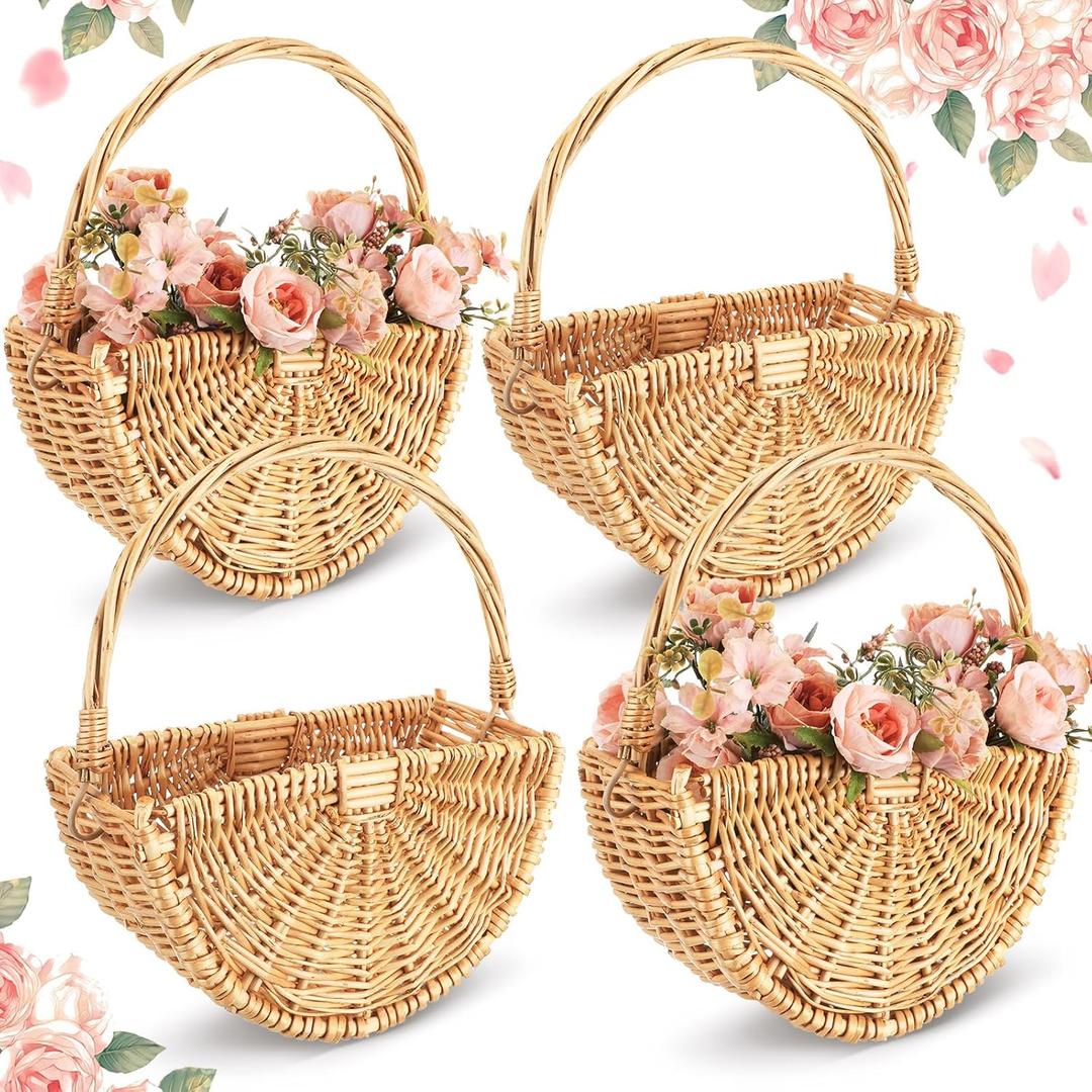 4 Pcs Wicker Flower Girl Baskets Wedding Flower Girl Baskets with Handle Half Moon Hand Woven Eggs Candy Storage Basket for Wedding Picnic Garden Storage Home Decor (Light Color)