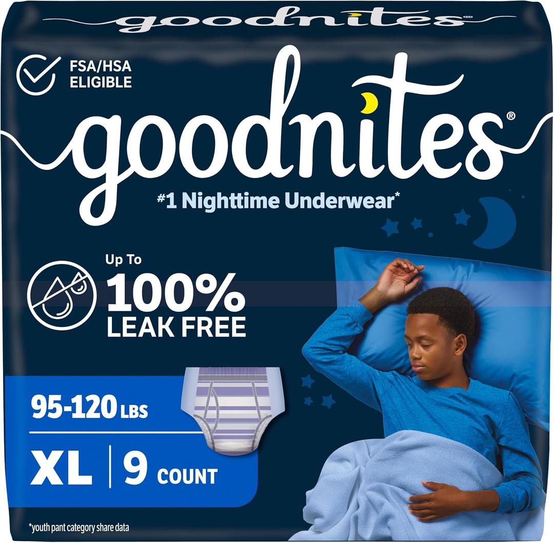 Goodnites Boys' Nighttime Bedwetting Underwear, Size Extra Large (95-120 lbs), 9 Ct