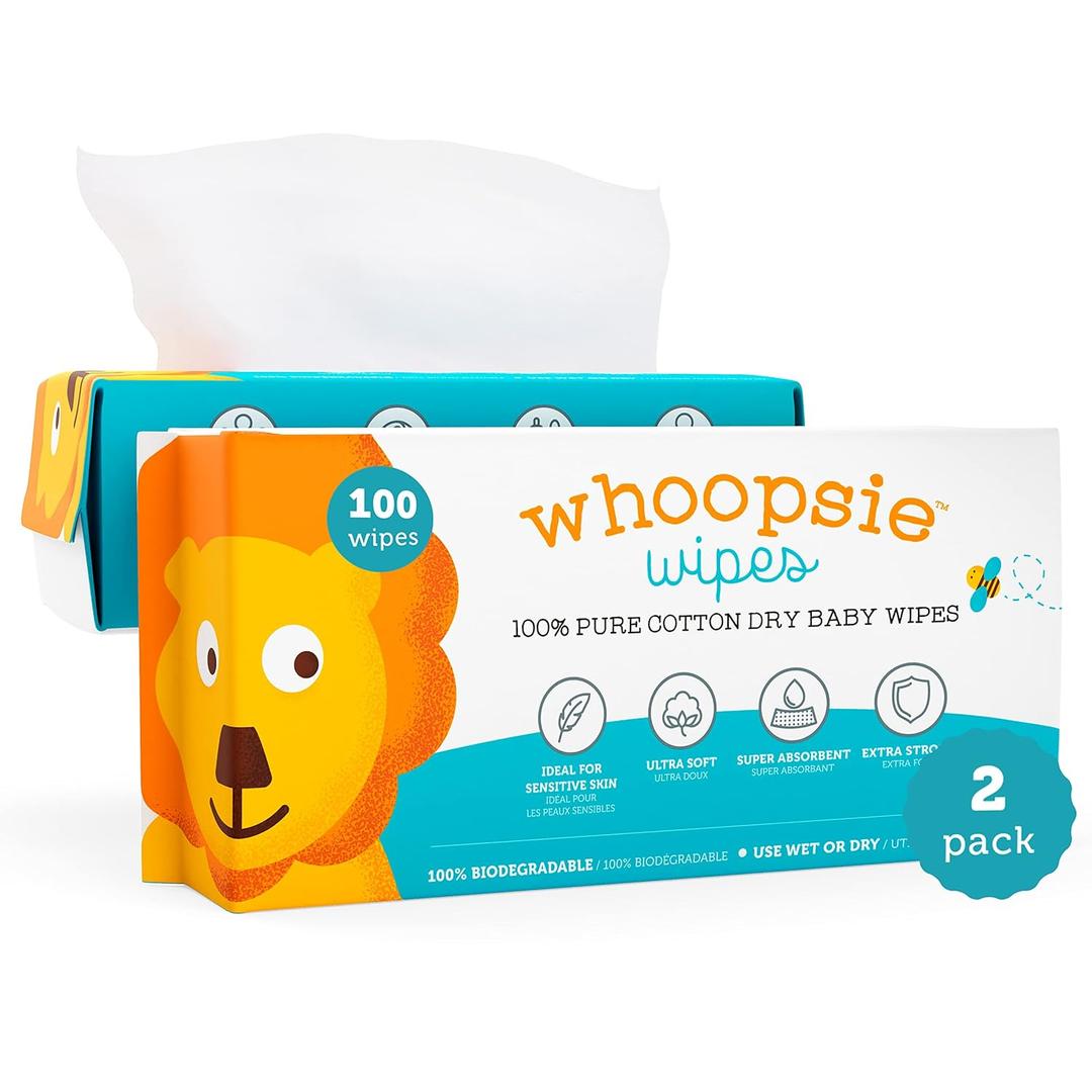 Whoopsie Wipes  The Original 100% Pure Cotton Dry Baby Wipes  Ultra Soft, Unscented, Chemical-Free Wipes for Sensitive Skin  Use Dry or Add Water for Wet Wipes  2 Packs (200 Count).