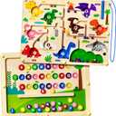 2 in 1 Magnetic Color and Number Maze Double-Sided ABC Alphabet Puzzles Board Magnet Dinosaur Counting Maze Preschool Learning Montessori Education 3 4 5 Years Toys (Multicolored, One Size)