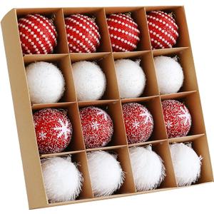 Christmas Tree Ball Ornament Set 16pcs 80mm/3.15inch Red White Glittering Shatterproof Foam Christmas Ball Ornaments Xmas Tree Decor Holiday Decoration