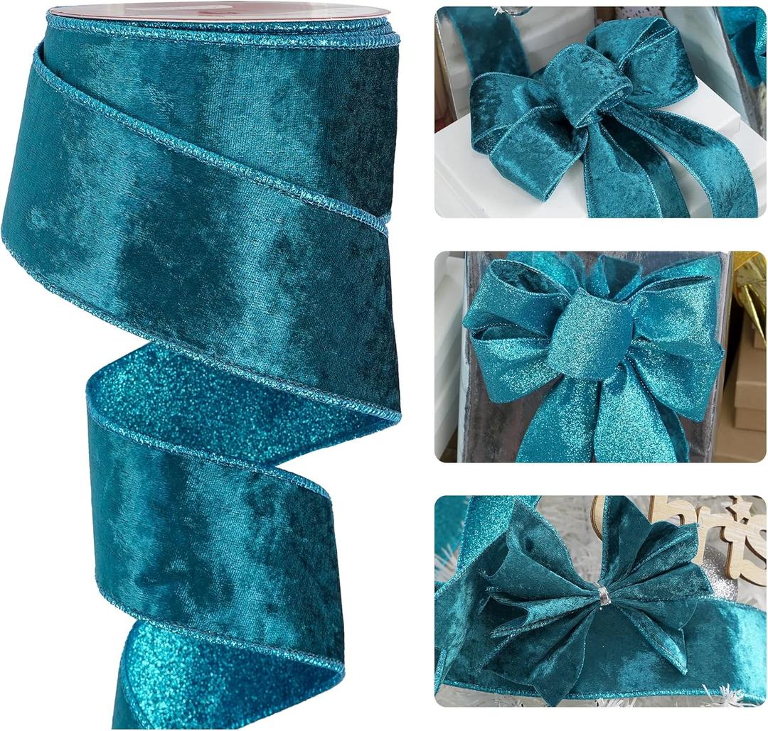 HUIHUANG Velvet Wired Ribbon 2.5 Inch Wide Teal Turquoise Blue Metallic Glitter for Christmas Tree Wreaths Gift Wrapping Bows Garlands Home Decor Crafts - 10 Yards