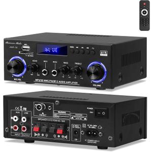 Amp10 Amplifier Home Audio,400W Power Amplifier 2 Channel Stereo Receiver with Bluetooth 5.0,Active Subwoofer Output, FM Radio, USB/SD/AUX, MIC, Remote Control for Home Theater
