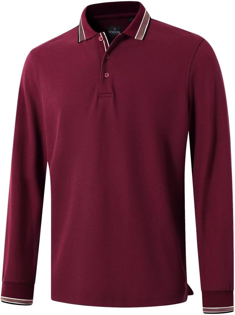 Men's Pique Polo Shirts Long Sleeve Cotton Blend Tipped Casual Collared Polo Shirts Business Classic Fit (XXXL)